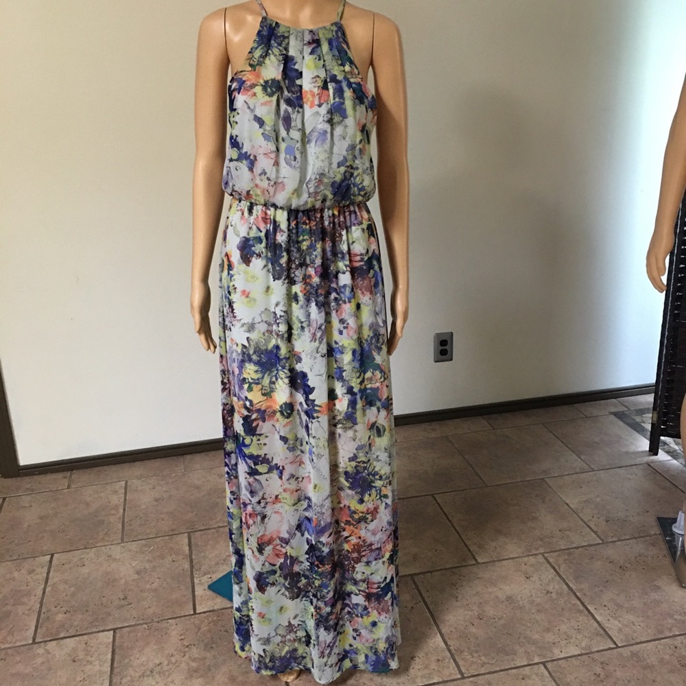 Karlie halter neck pleated front bottom top open back maxi w/ mini liner inside